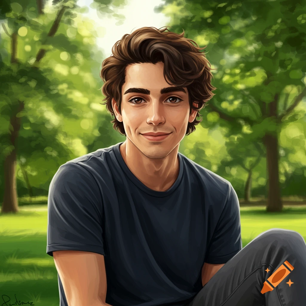 A young man smiling in a park.