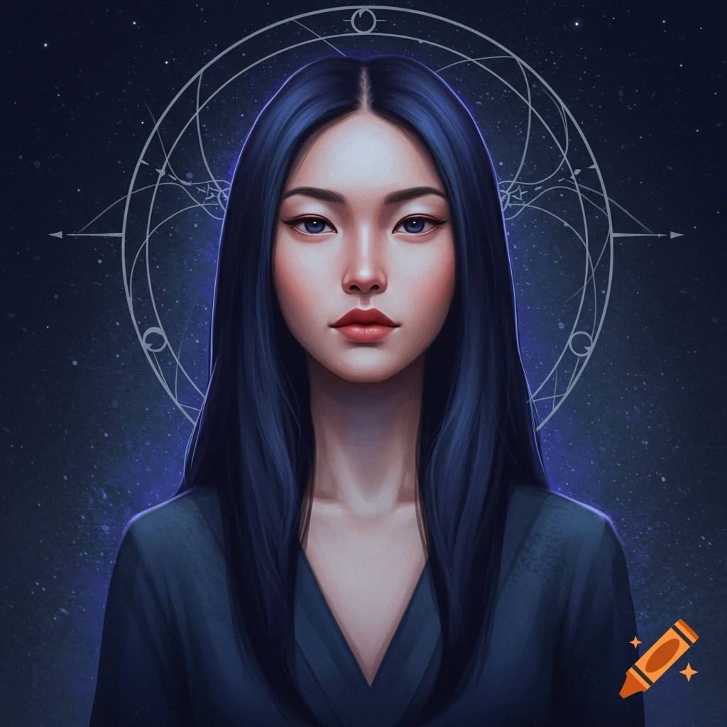 A woman with dark blue hair is positioned against a celestial background featuring geometric patterns.