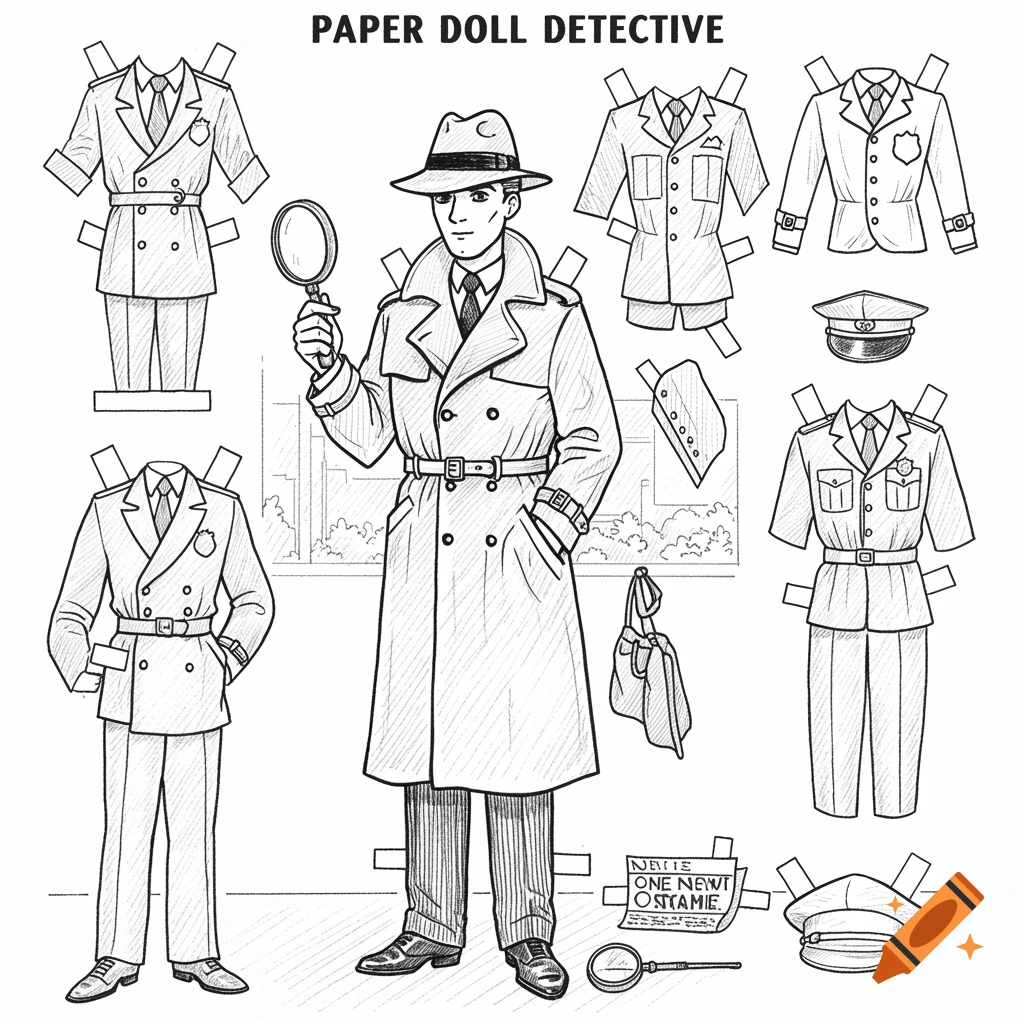 Black and white line drawing of a paper doll detective in trench coat and fedora with magnifying glass, surrounded by paper clothes cut-outs.