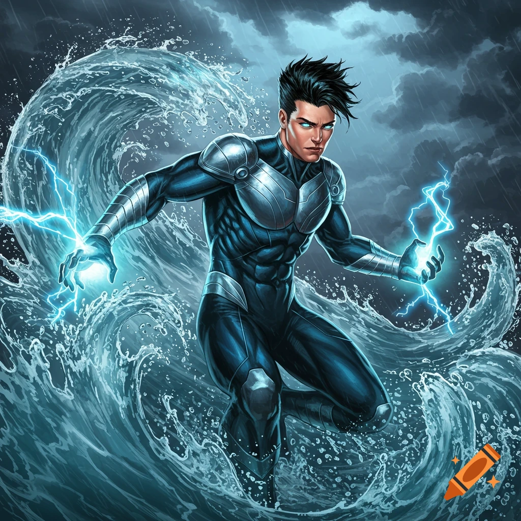 Superhero controlling water and lightning in a storm
