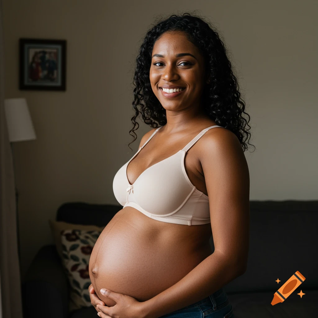 Smiling pregnant woman wearing a bra and jeans, holding her belly indoors.