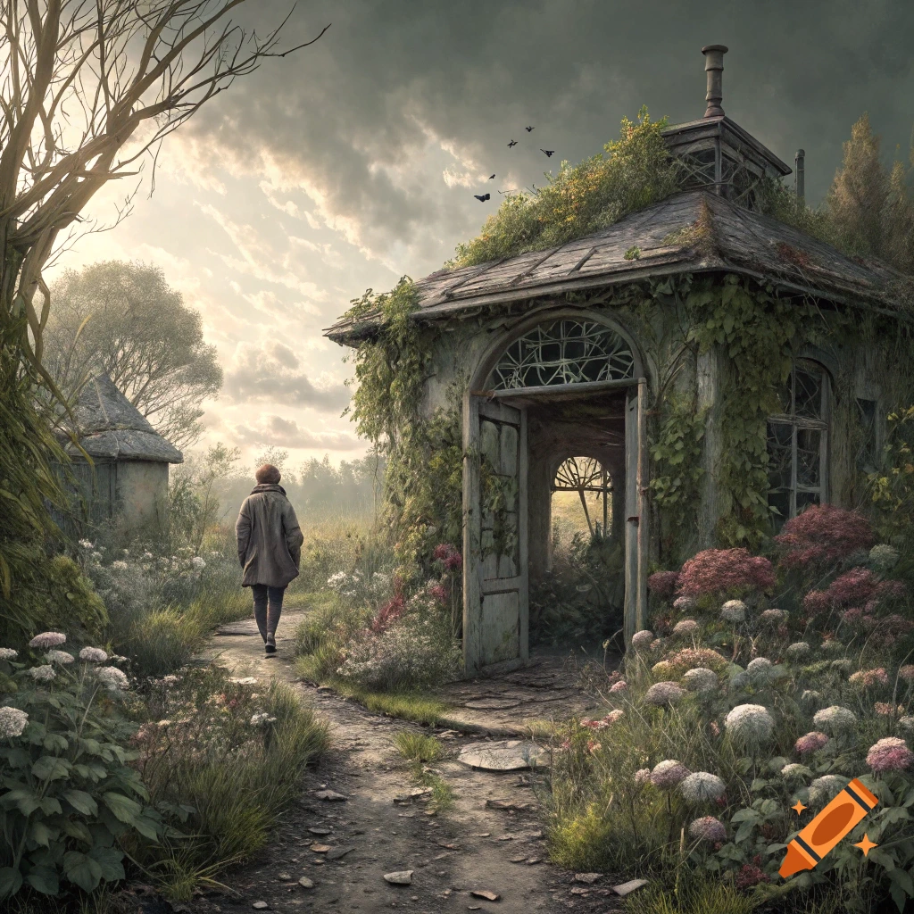 A person walks down a path towards an overgrown ruined building in a garden under a dramatic sky.