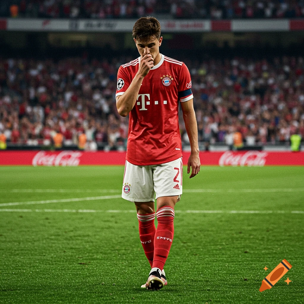 A soccer player in a red jersey and white shorts stands on a field, looking down and touching his face.