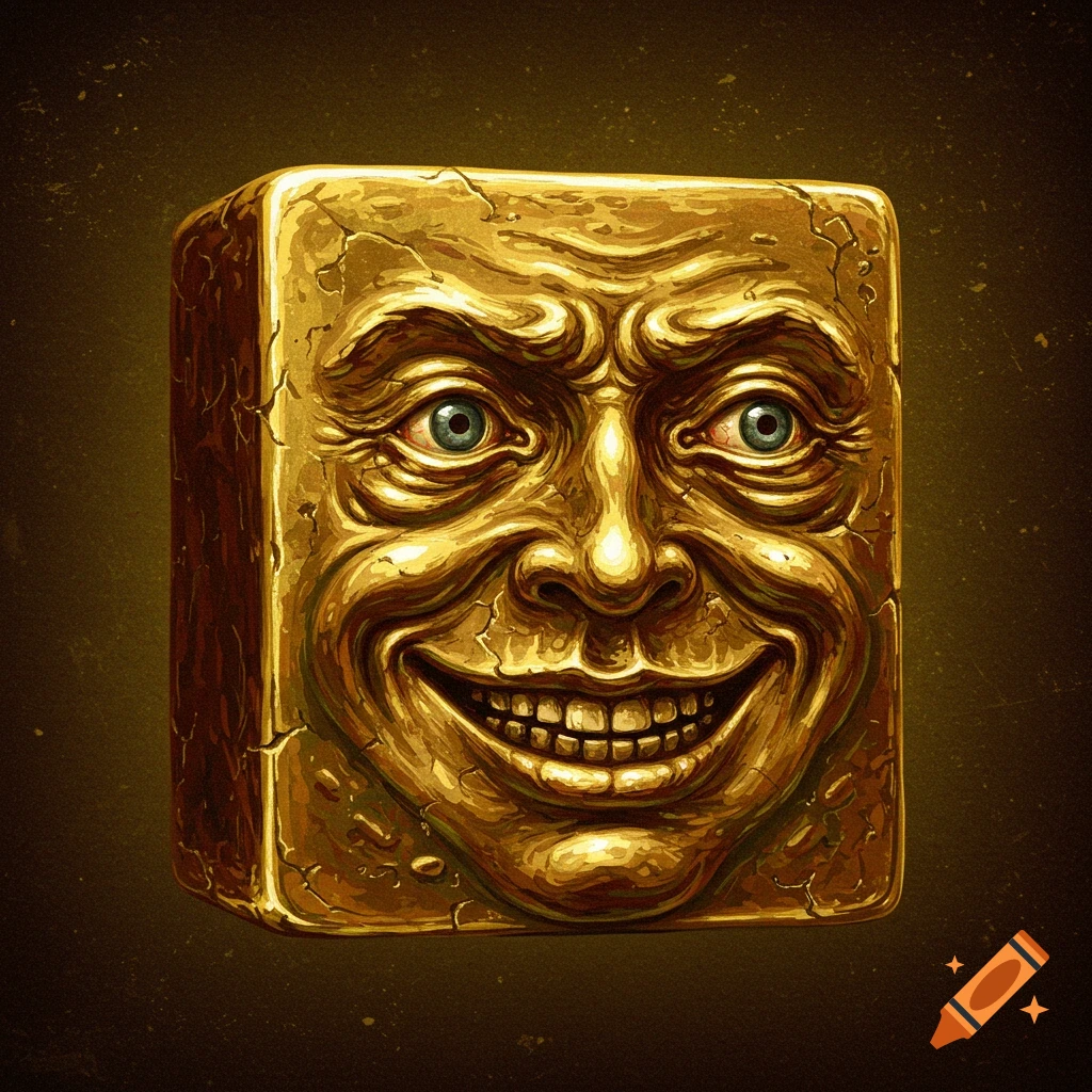 A golden block with a grinning, grotesque face carved into it.
