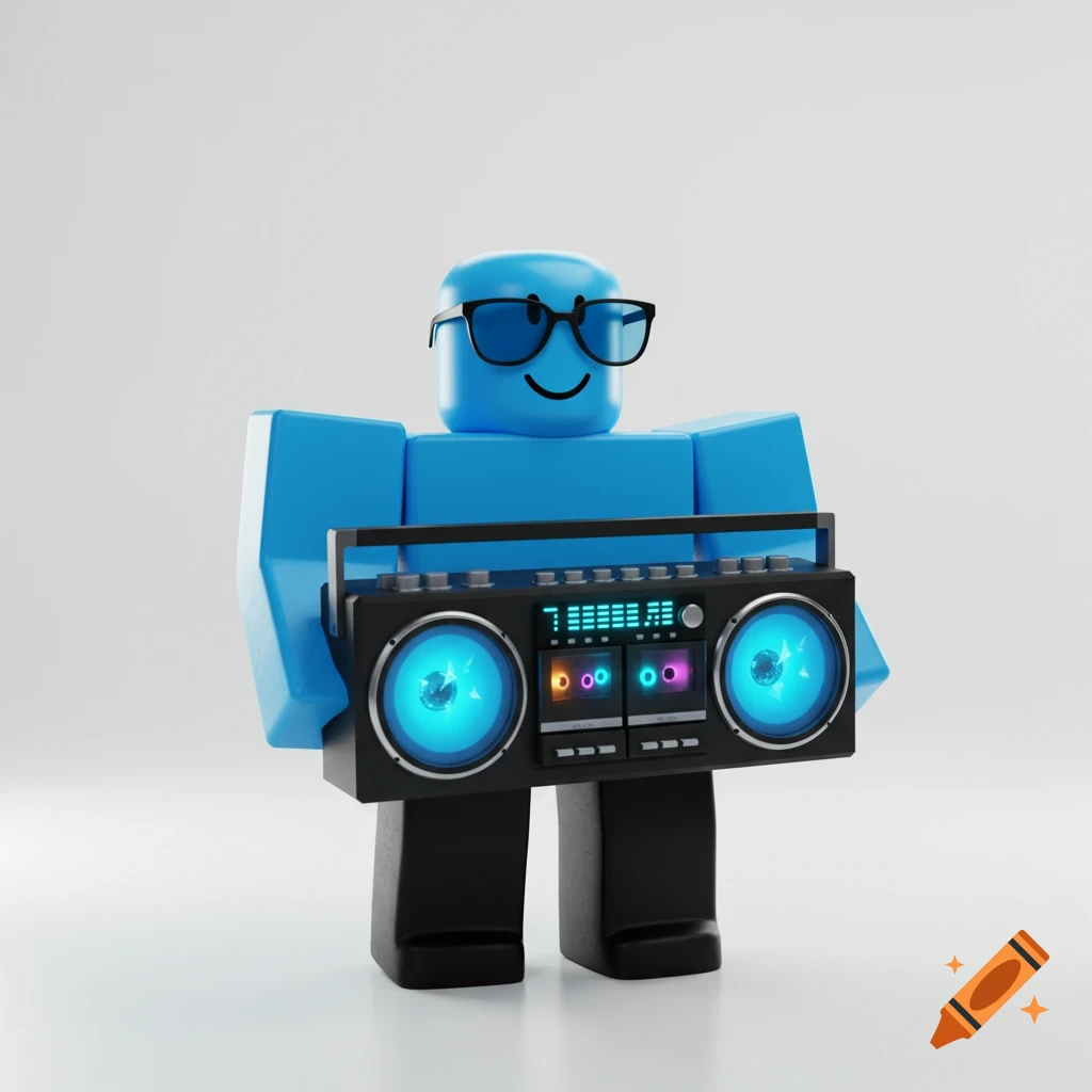 A blue Roblox character with sunglasses holds a boombox. on Craiyon