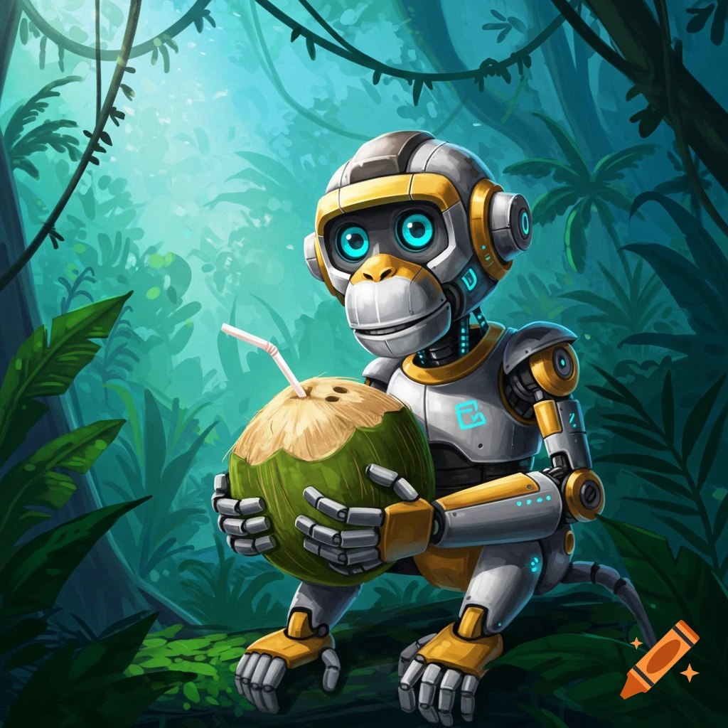 A robot monkey is in a jungle holding a coconut with a straw