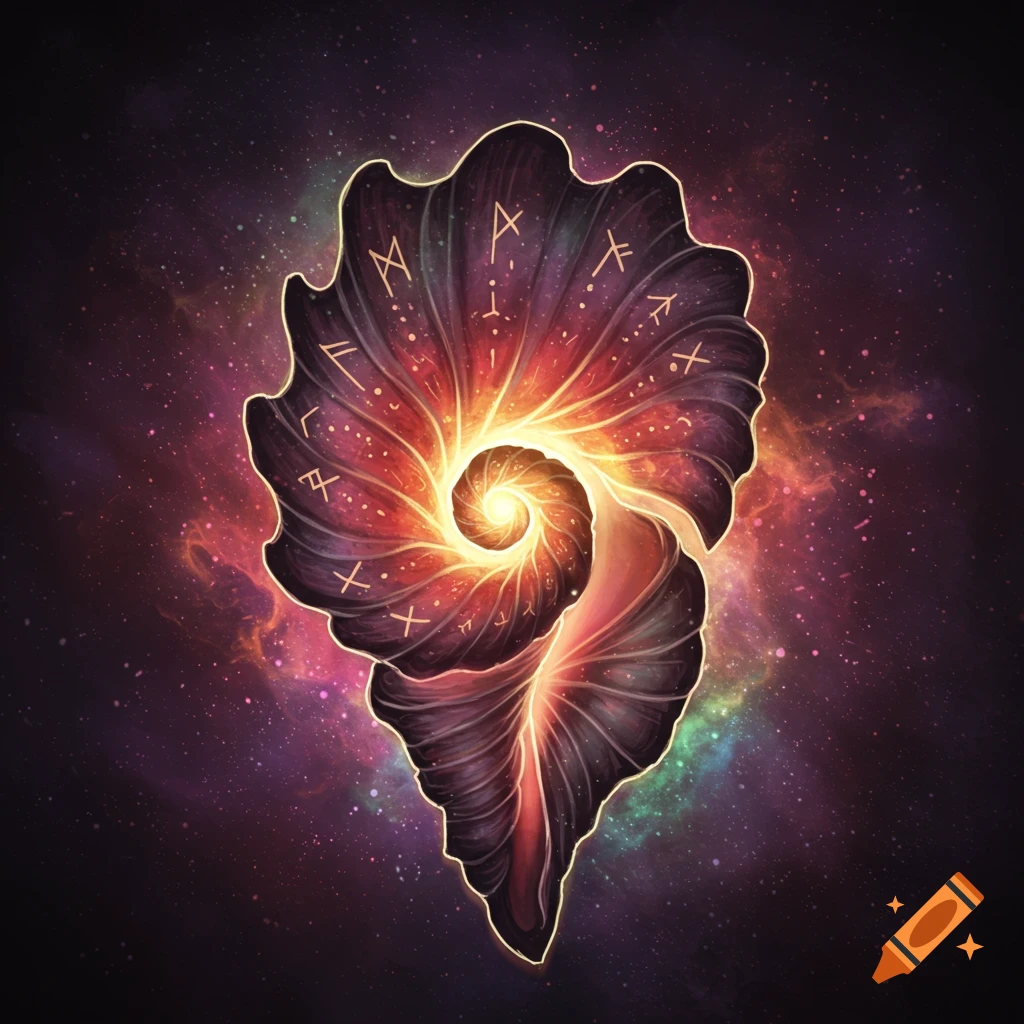 A spiral shell-like shape with glowing light and runic symbols against a cosmic background.