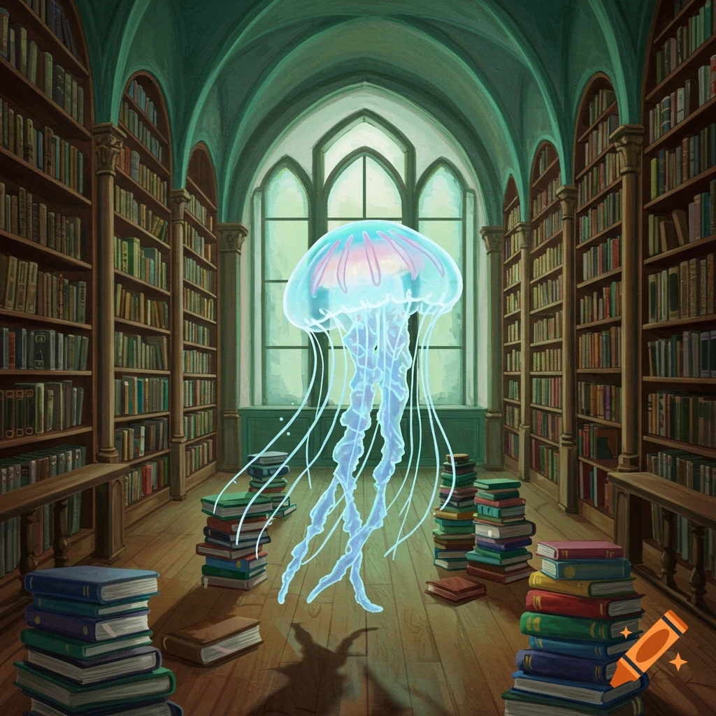 A luminous jellyfish floats through a grand library filled with tall bookshelves and stacks of books on the floor.