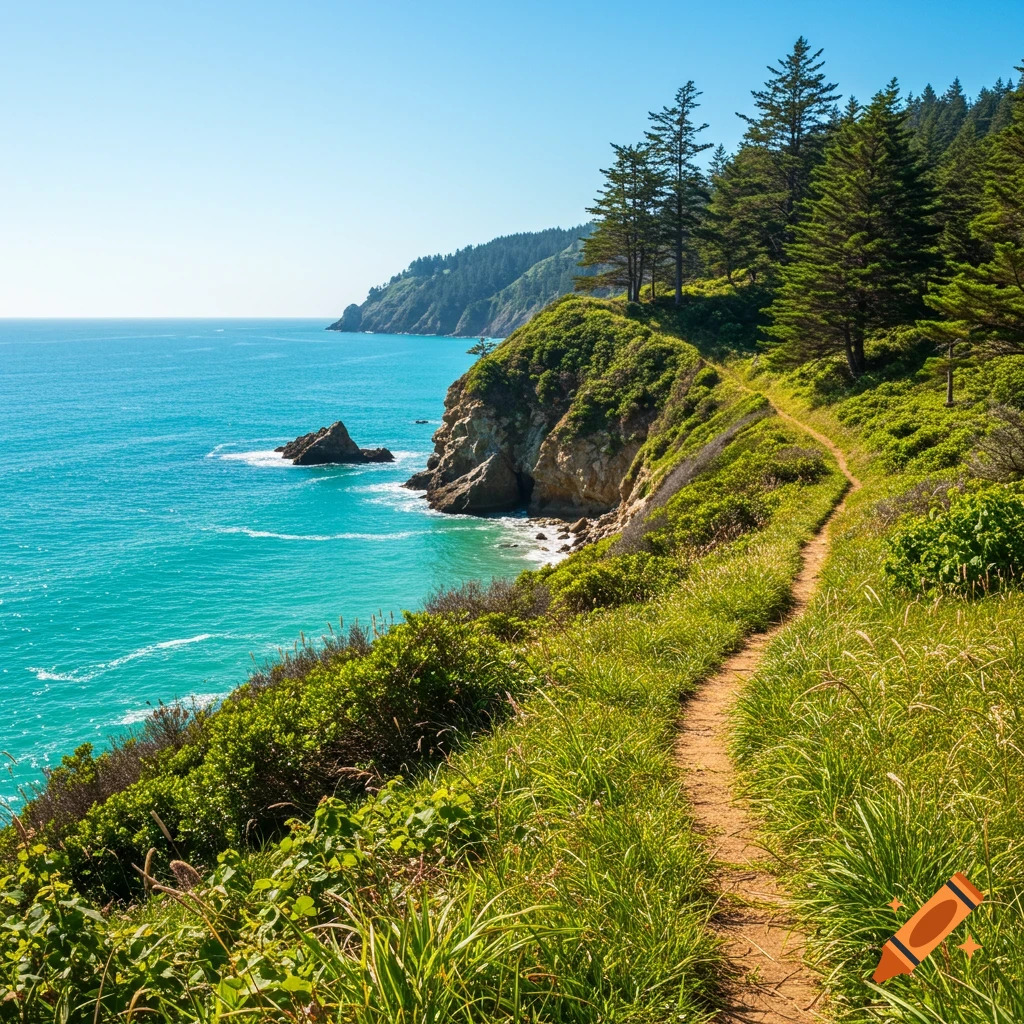 A dirt path winds along a grassy coastal cliff overlooking a turquoise ocean and rocky outcrops.