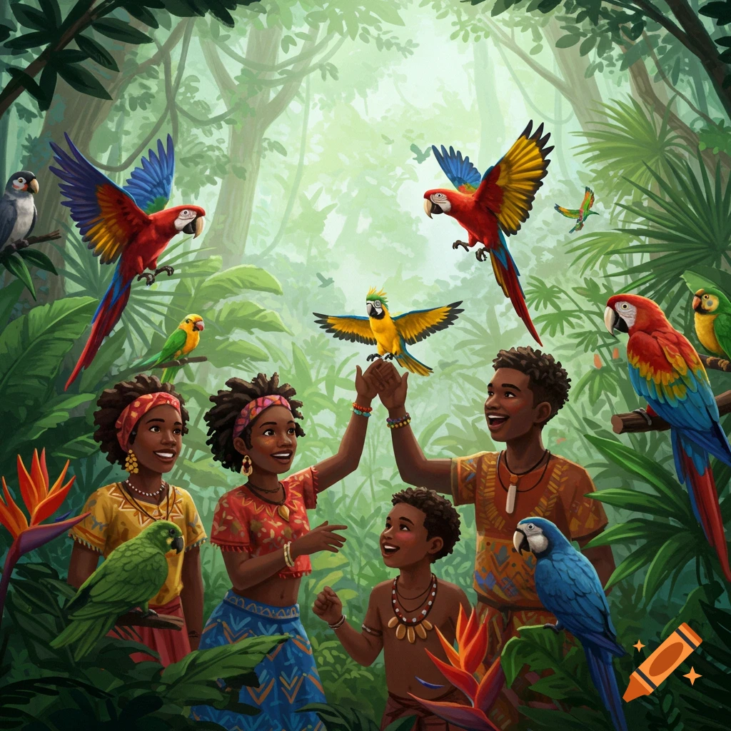 People interact with macaws and other parrots in a lush tropical forest.