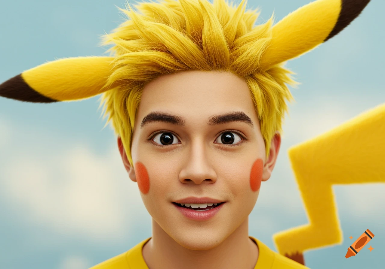 Close-up portrait of a person styled as Pikachu with spiky yellow hair, ears, tail, and red cheek circles.