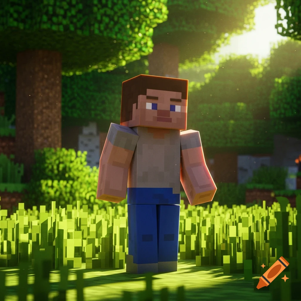 Minecraft character Steve stands in a sunlit blocky forest.