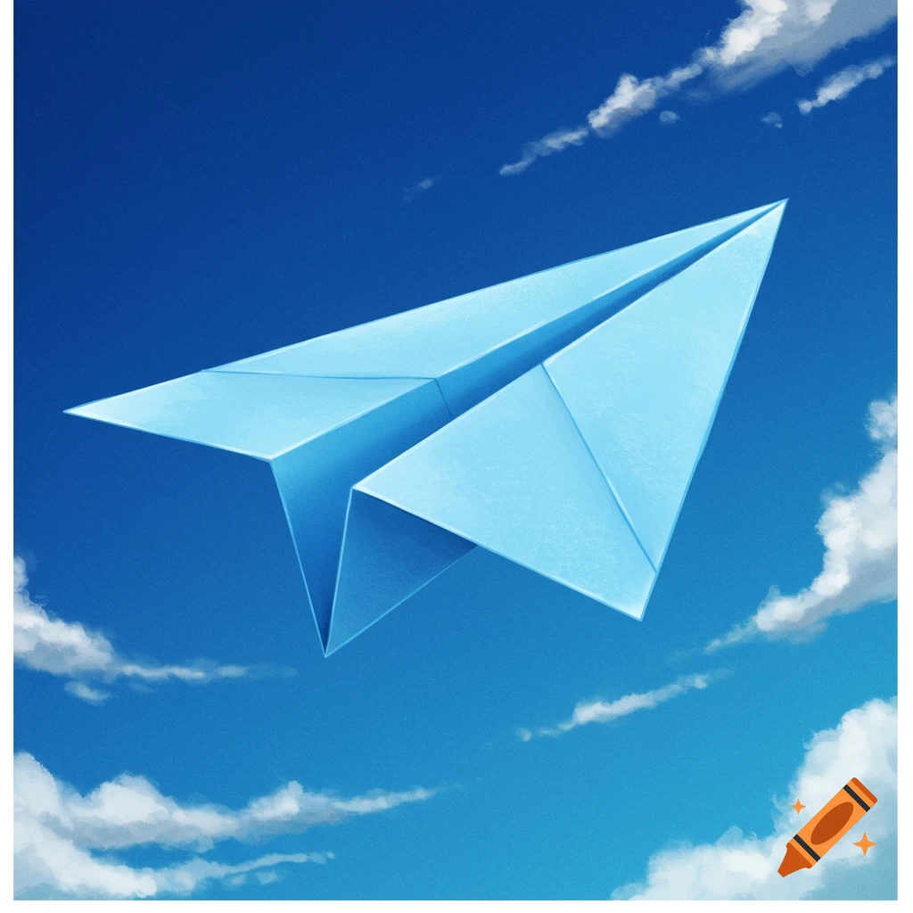 A light blue paper airplane flying through a bright blue sky with clouds