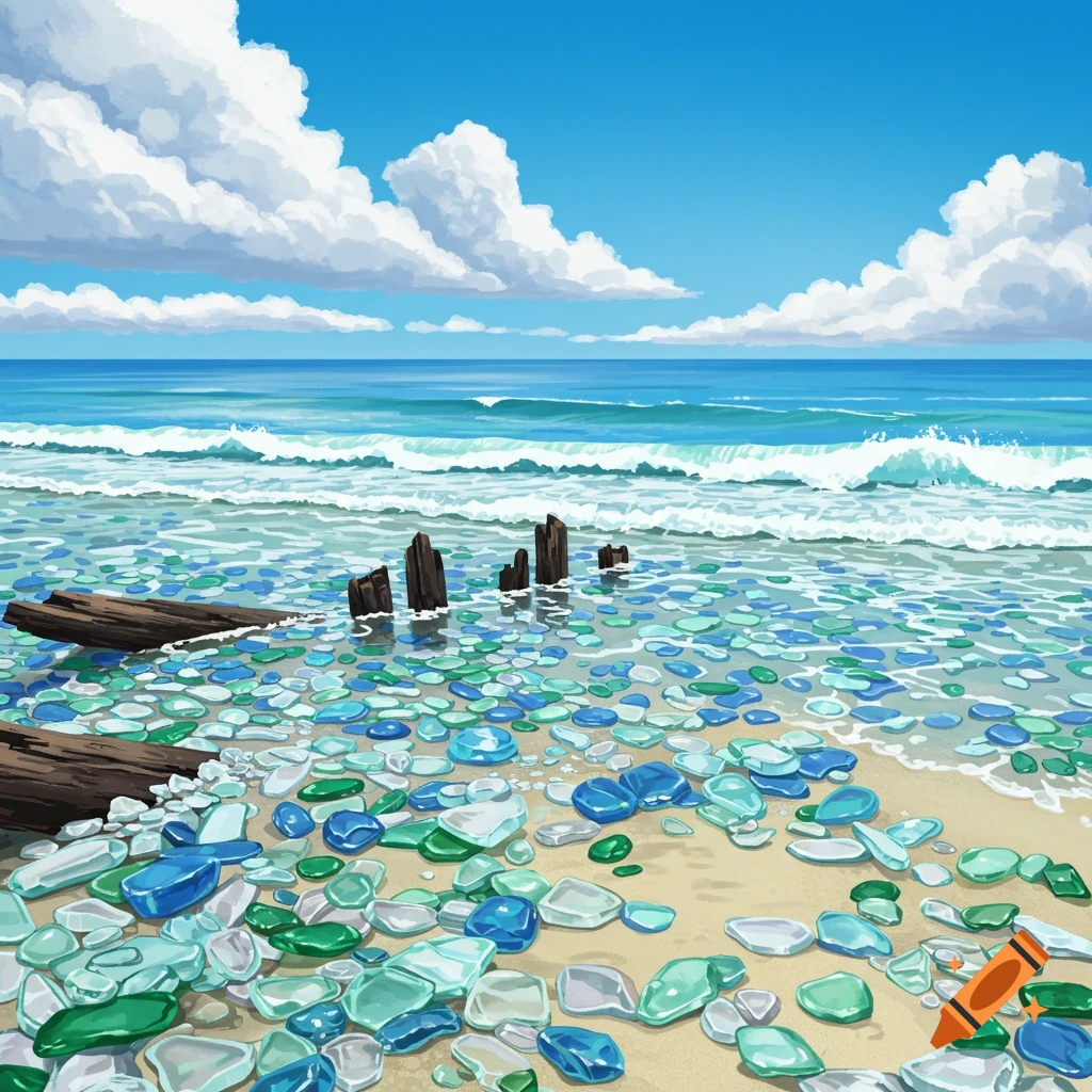 A beach covered in blue and green glass, with waves and cloudy sky