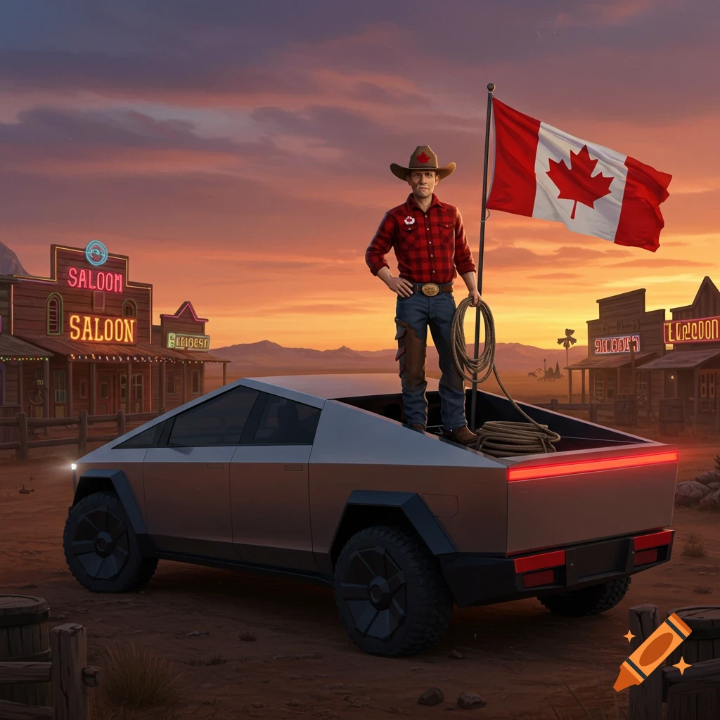 A Canadian cowboy standing in the back of a futuristic truck, holding a rope, with a Canadian flag and Western buildings behind him at sunset.