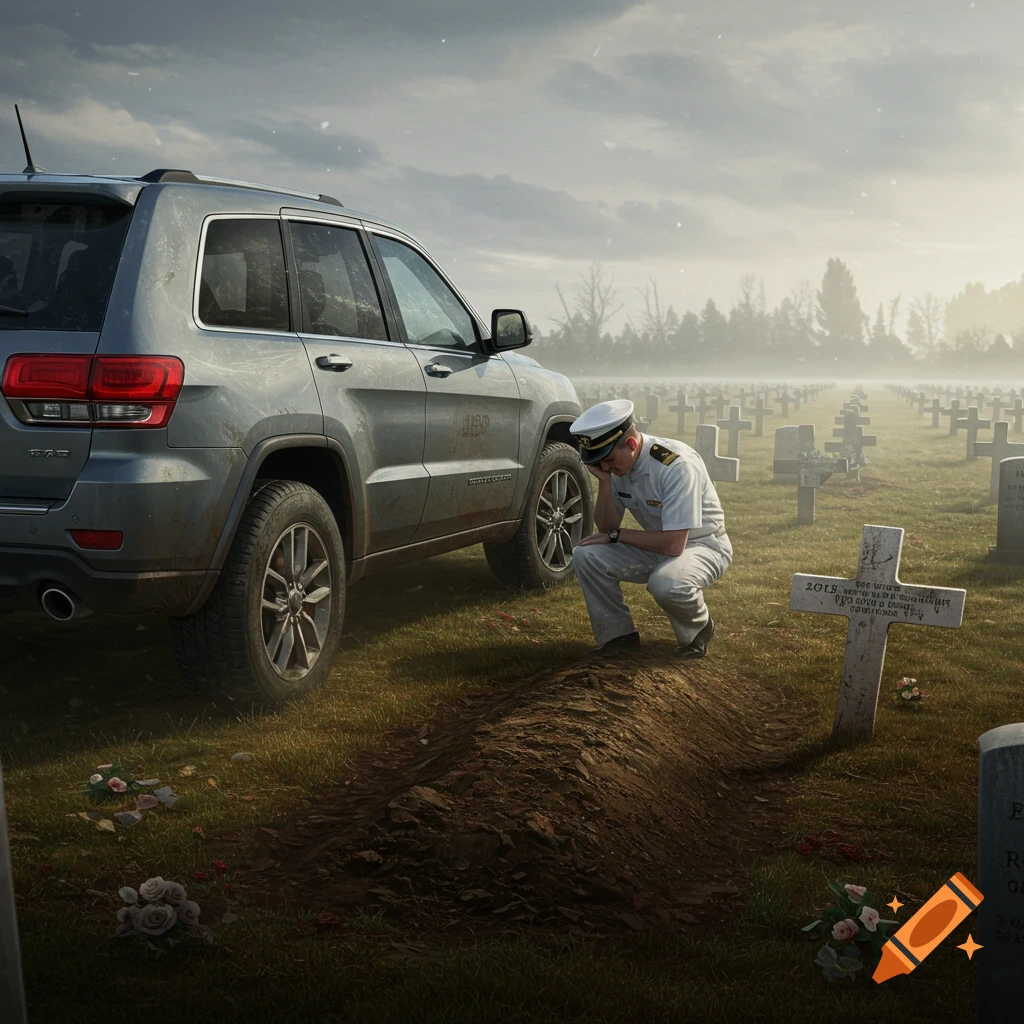 A naval officer kneels by a grave next to a gray SUV in a cemetery, looking somber.