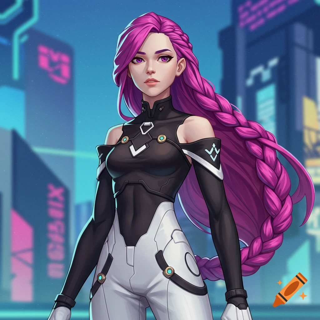 Anime illustration of a woman with long purple braided hair and a futuristic outfit in a cyberpunk city.