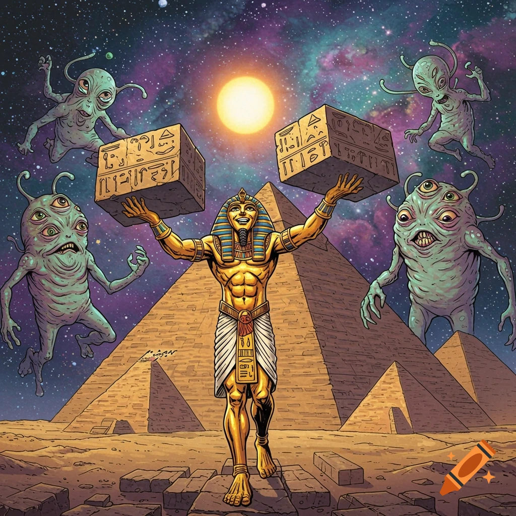 A golden Egyptian pharaoh holds blocks with hieroglyphs, surrounded by multi-eyed aliens, near pyramids under a cosmic sky.
