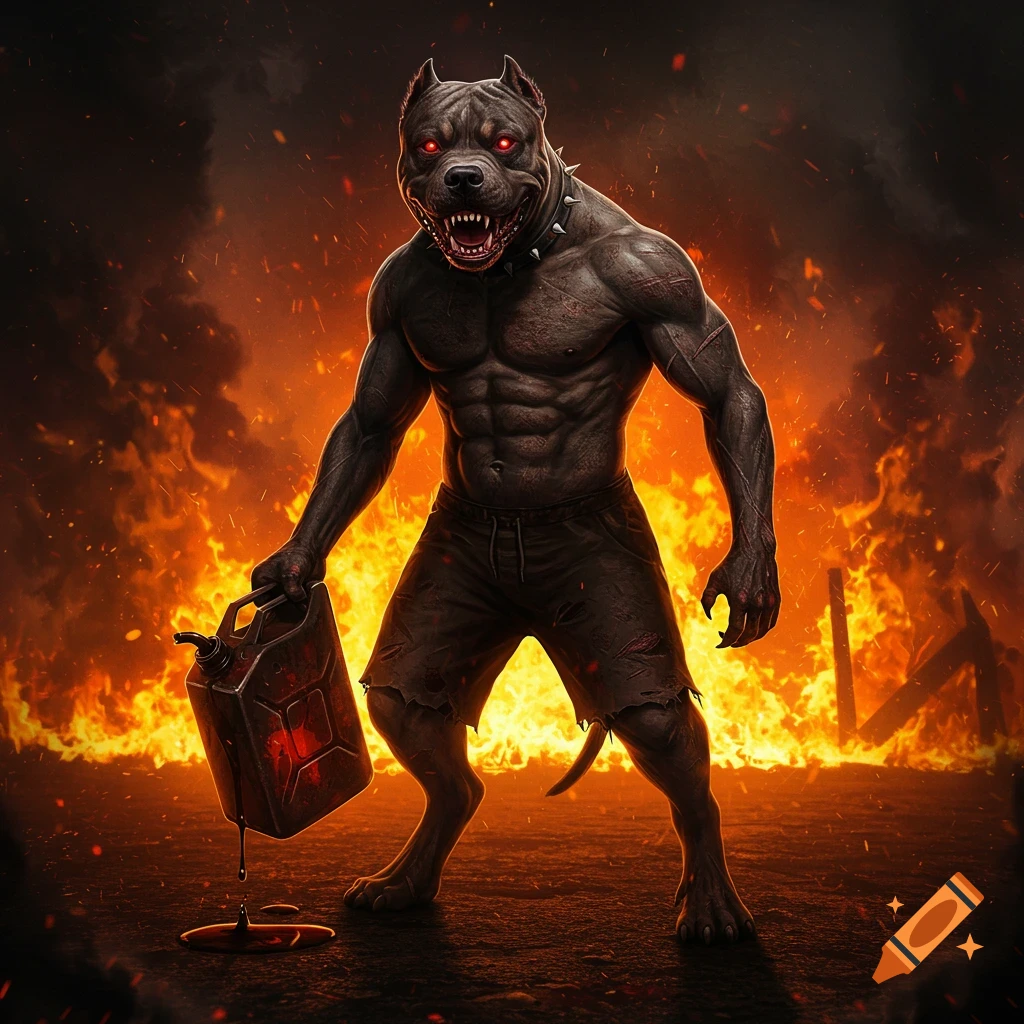 An anthropomorphic pit bull with red eyes holds a gas can in a fiery, dark scene.