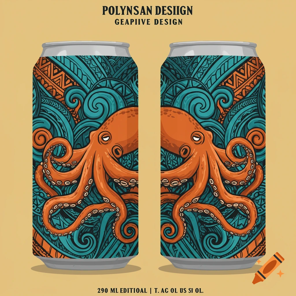 Two soda cans with octopus and Polynesian pattern designs in a vector graphic style.