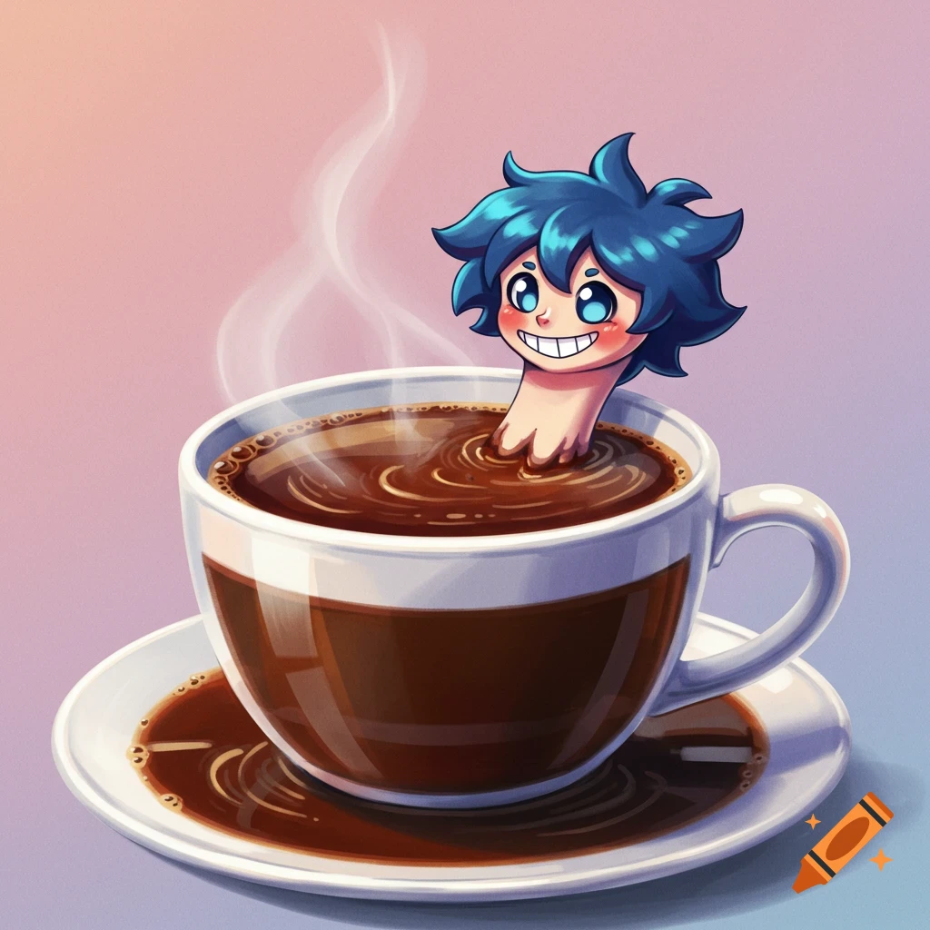 Cartoon character with blue hair in a coffee cup.