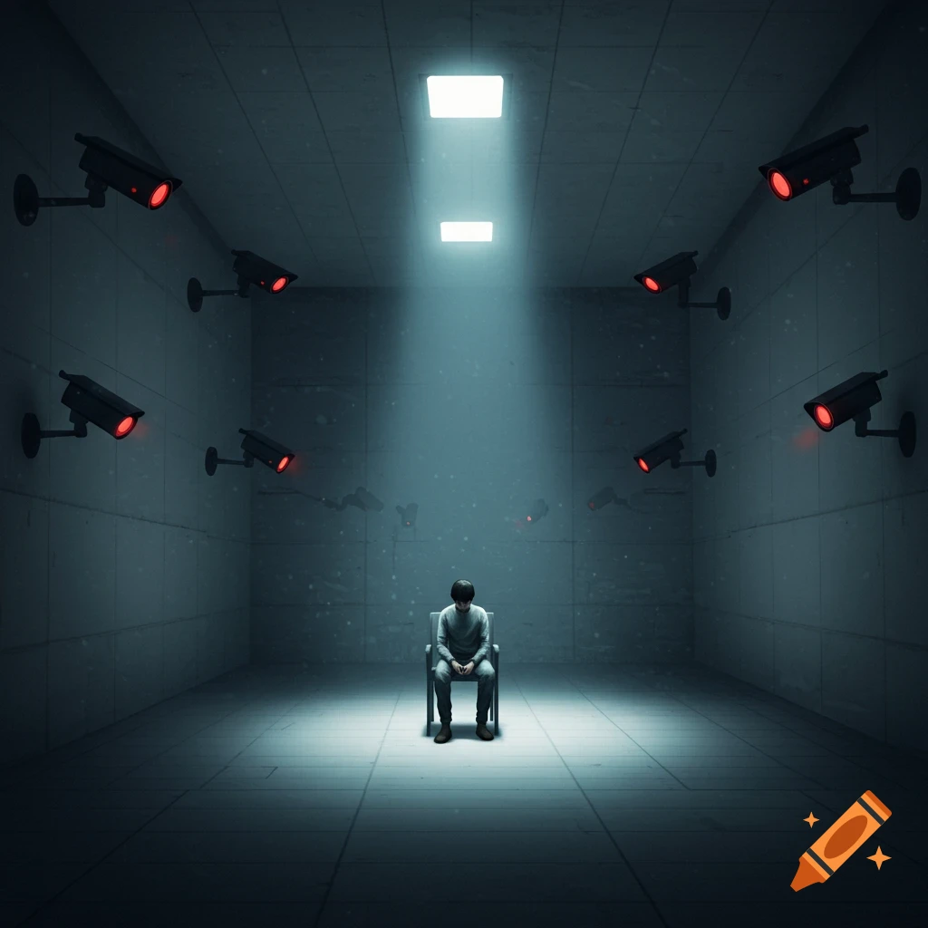 Person sits in a room surrounded by many surveillance cameras under harsh lights. Digital art.