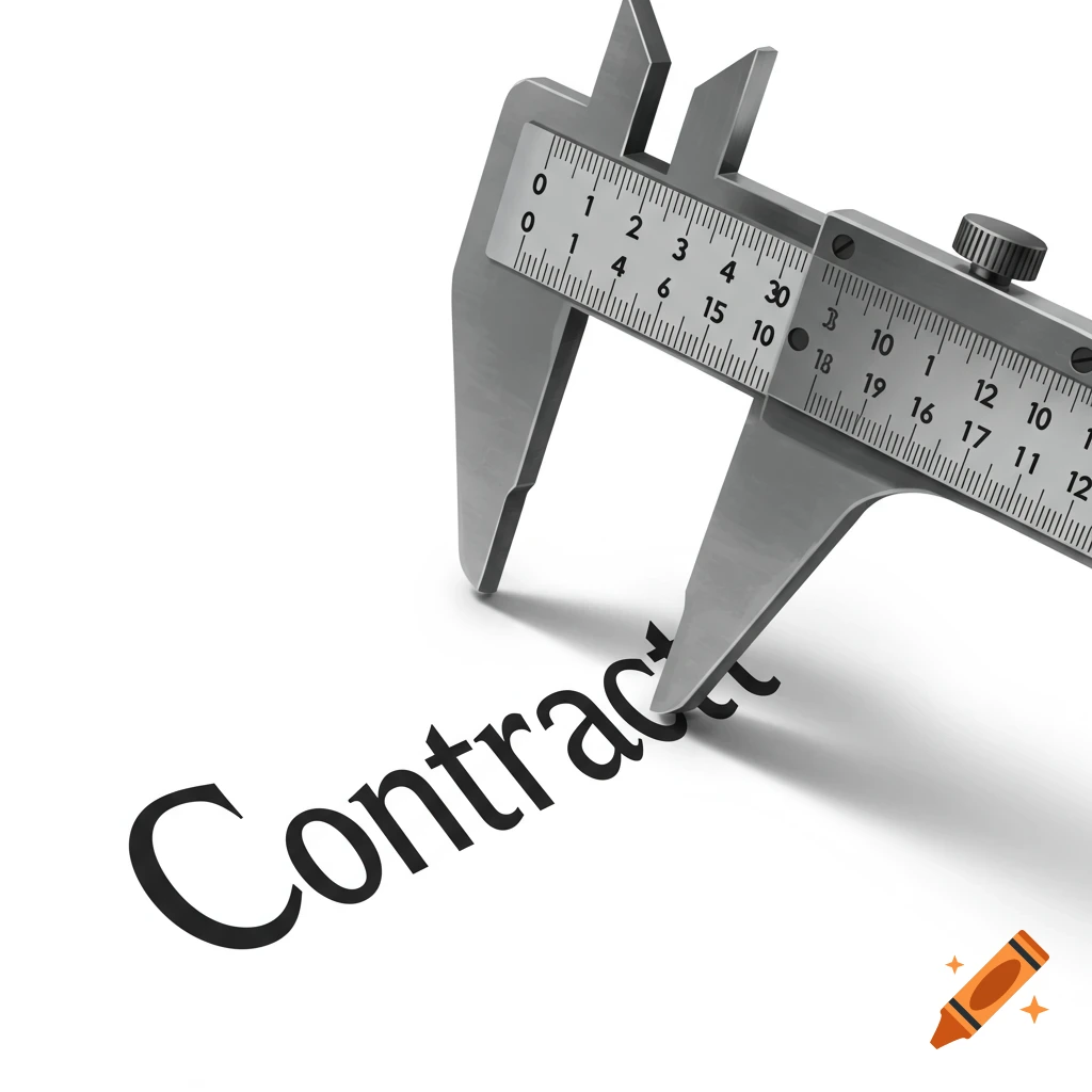 A caliper measures the word Contract printed on a white surface.