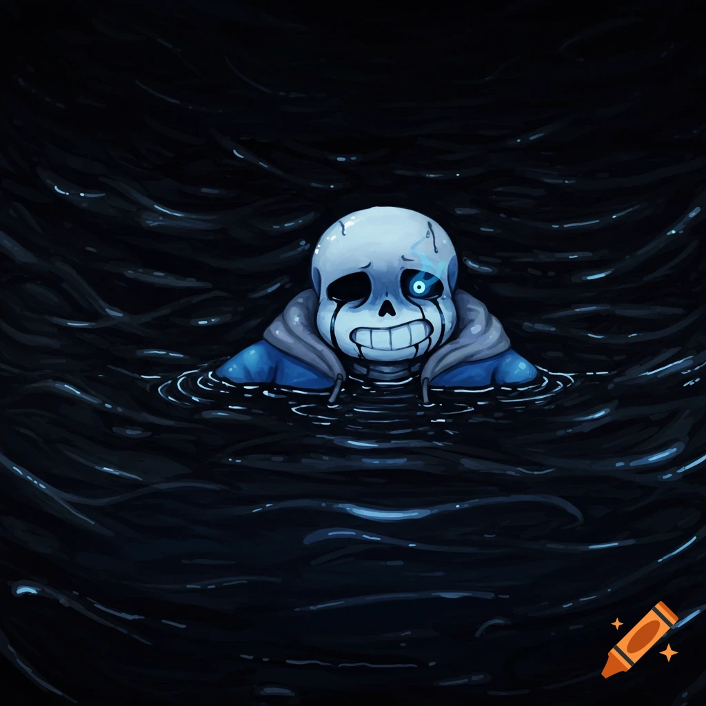 The character Sans from Undertale partially submerged in dark liquid.
