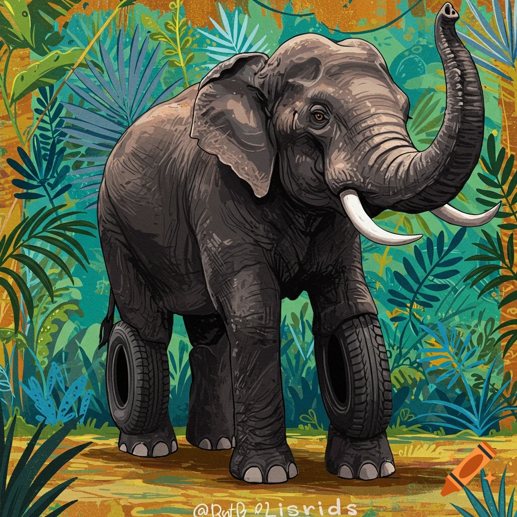 Illustration of an elephant with car tires for legs standing in a jungle.