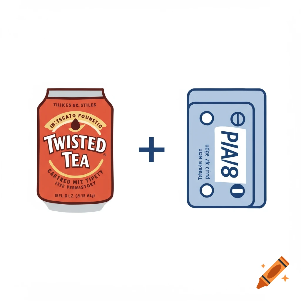 Simple icons of a Twisted Tea can and a Plan B pack connected by a plus sign.