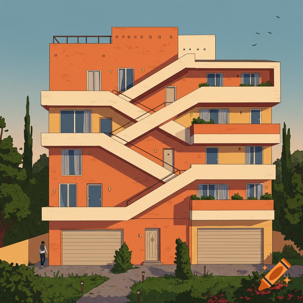 An orange and yellow building with intricate external stairs, balconies, and trees, with a person walking on a path.