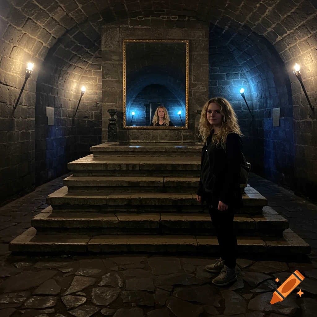 A woman stands in a dimly lit underground chamber with a mirror reflecting her on a platform behind her.