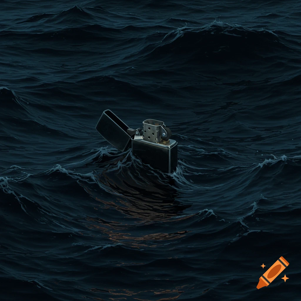 An open lighter floats on dark ocean waves.