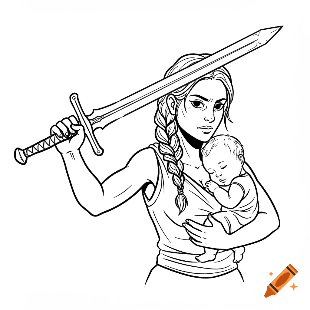 Line drawing of a strong woman holding a sword and a sleeping baby.