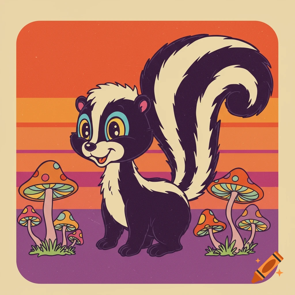 A cute cartoon skunk sits among colorful mushrooms in a 1970s vintage style.