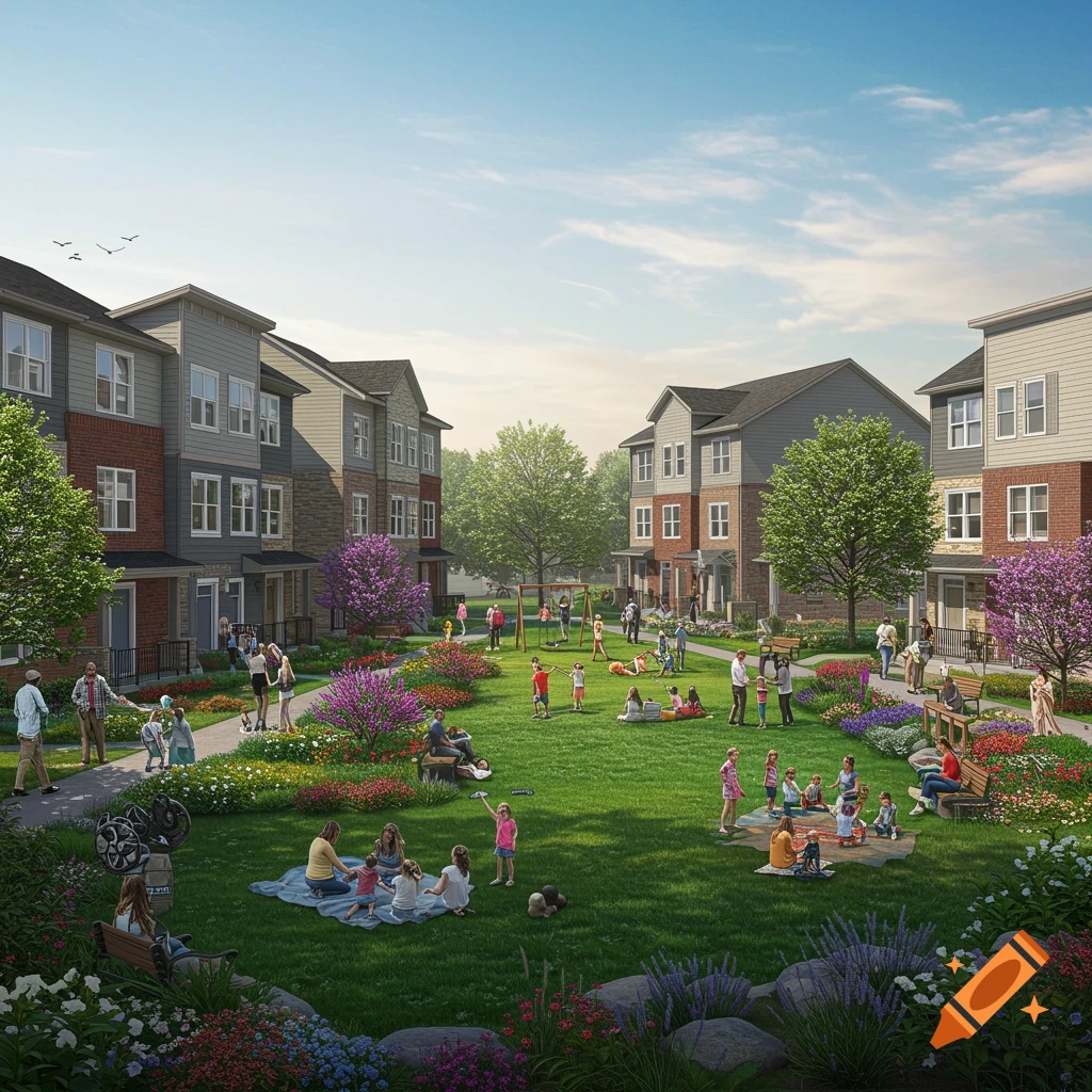 Realistic rendering of families enjoying a park between townhomes.