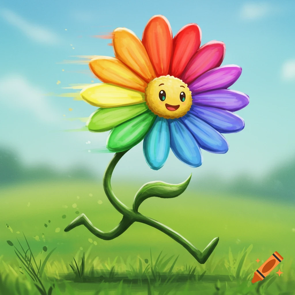 A cartoon rainbow flower with legs is running through a field.