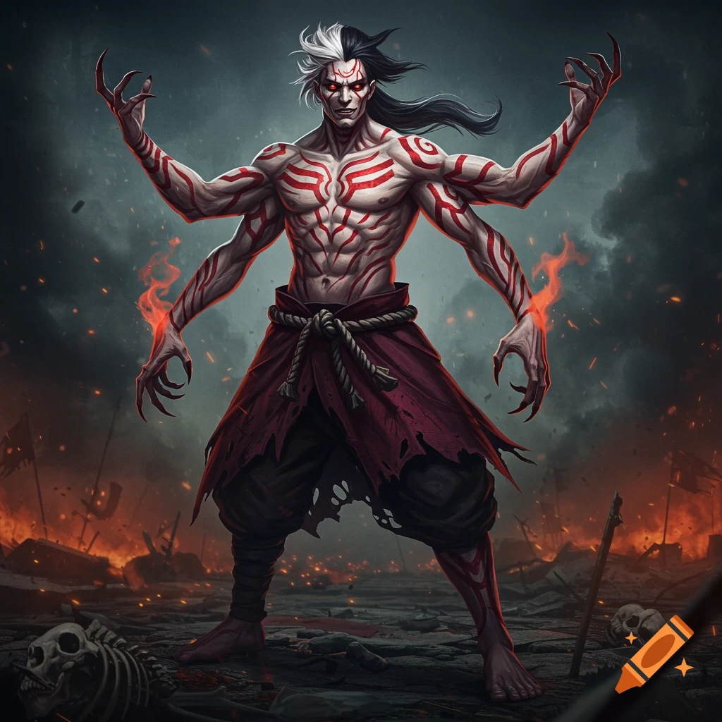 A multi-armed demon-like character with red markings stands in a desolate, burning battlefield.