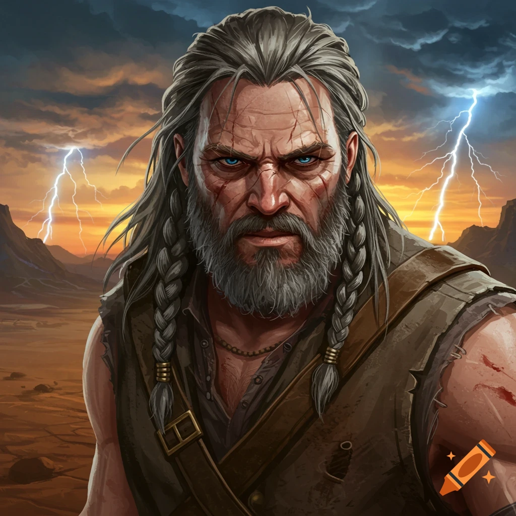 A rugged character with braided grey hair stands against a stormy sky with lightning.