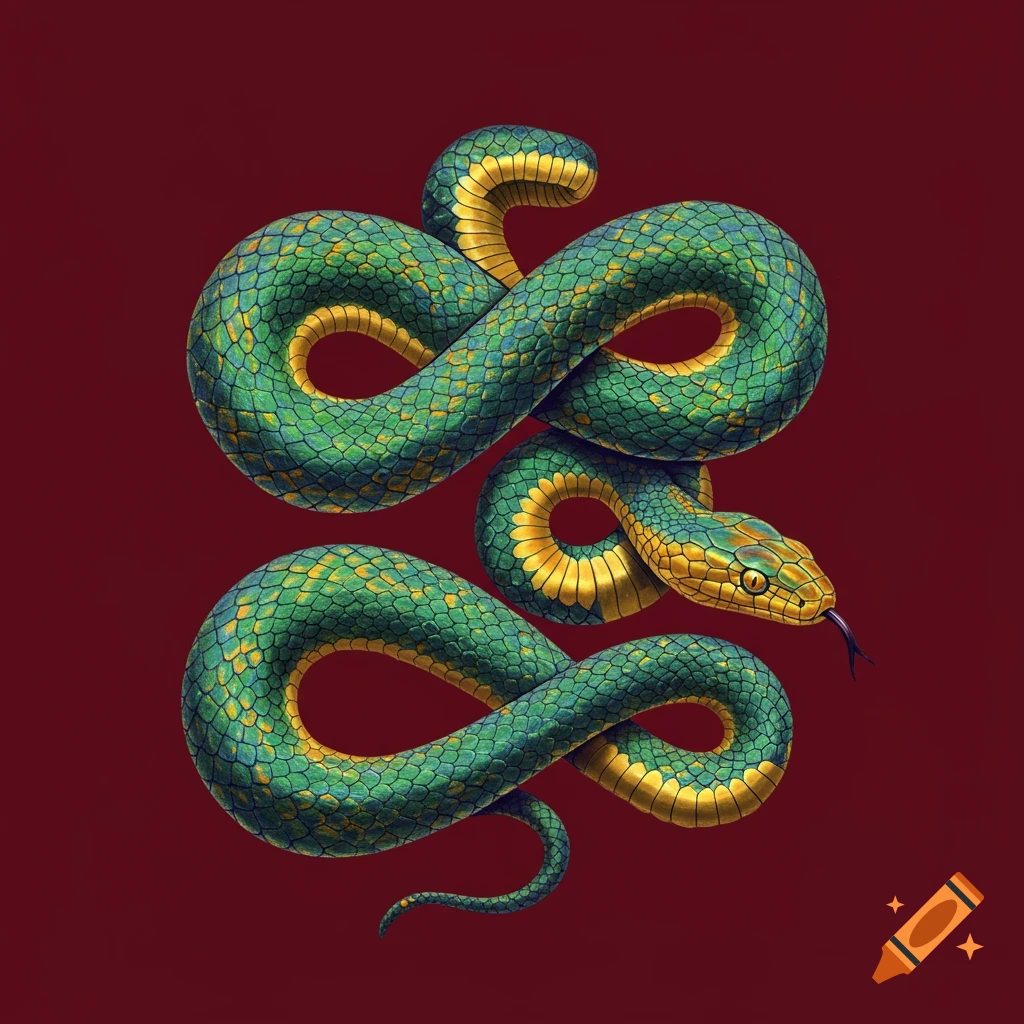 A green and gold snake coiled into an infinity symbol on a red background.
