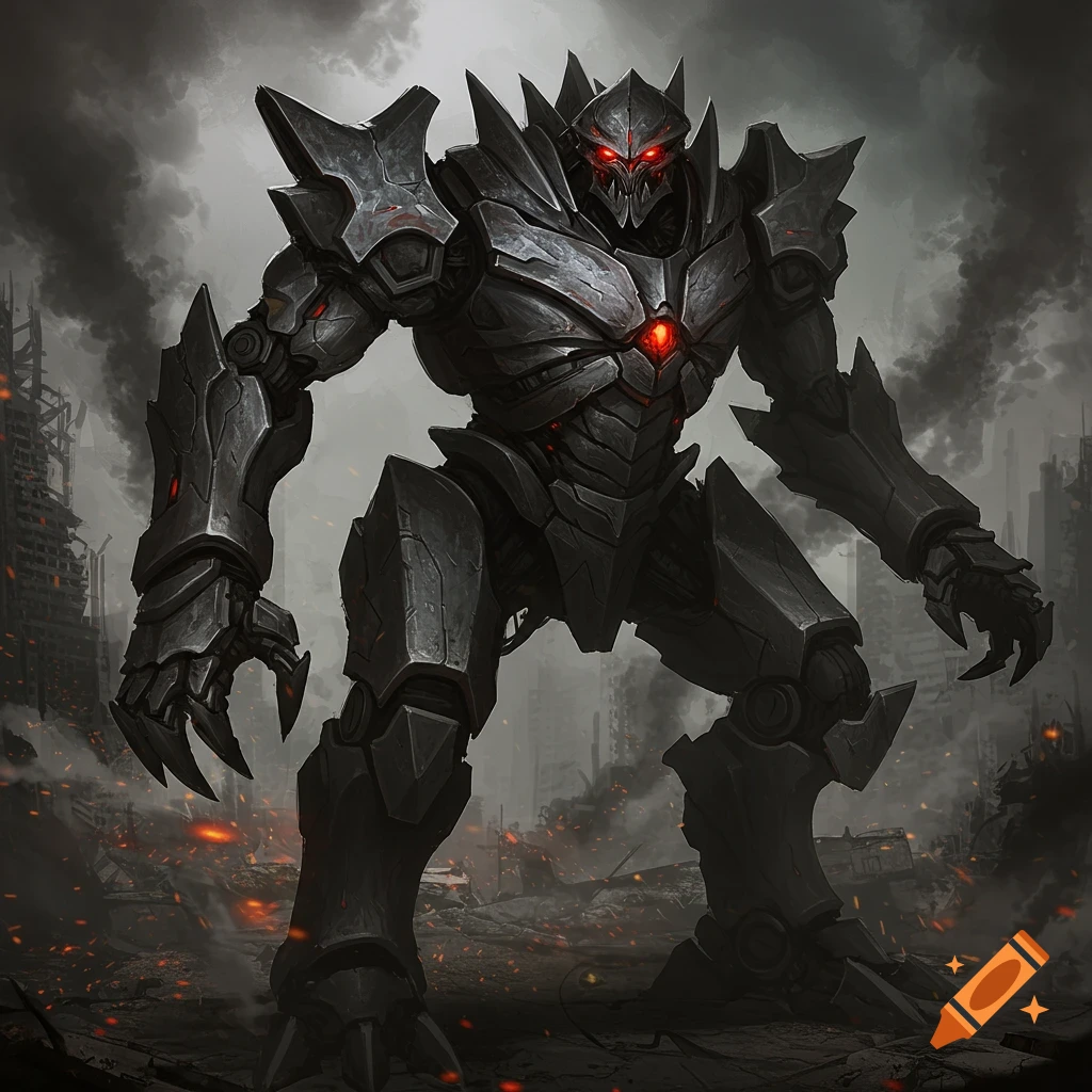 A large evil metal robot is in a ruined city.