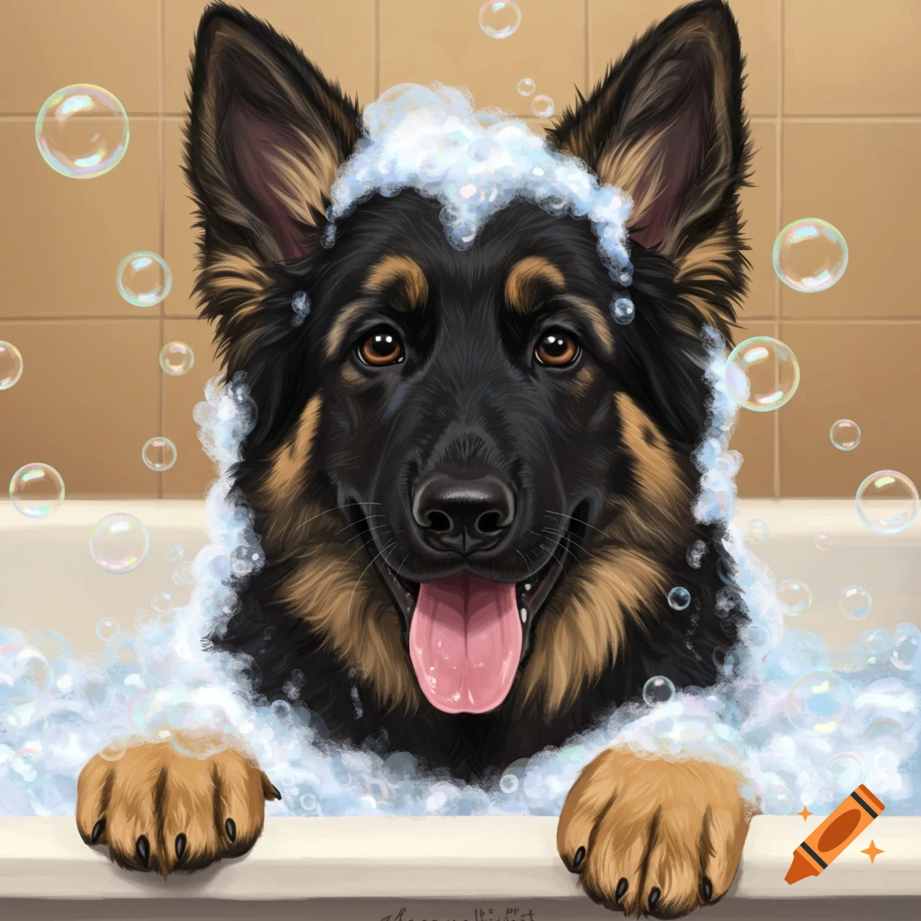 A German Shepherd in a bath covered in bubbles.