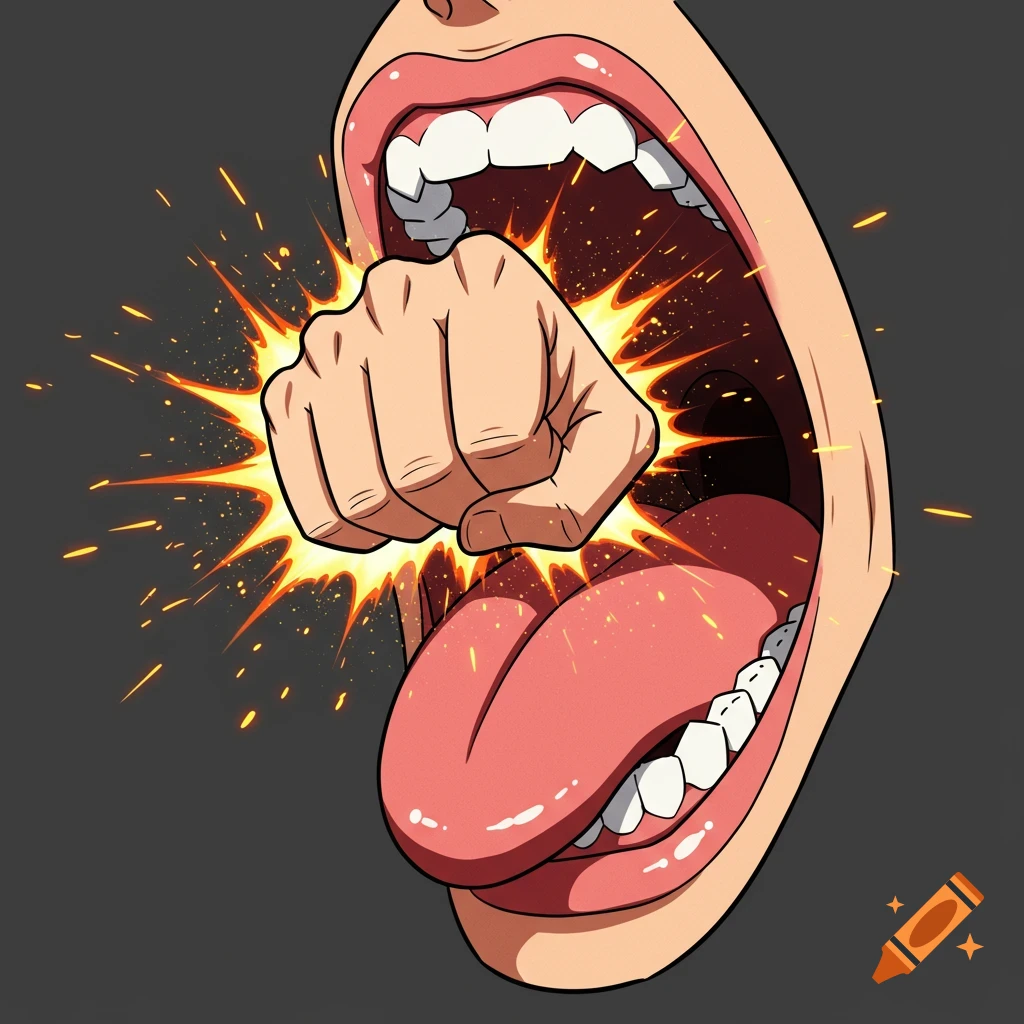 Cartoon illustration of a fist punching outwards from a wide-open mouth, surrounded by bright sparks.