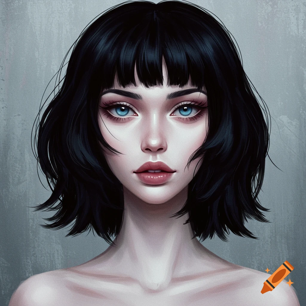 Portrait of a pale woman with blue eyes and black hair.