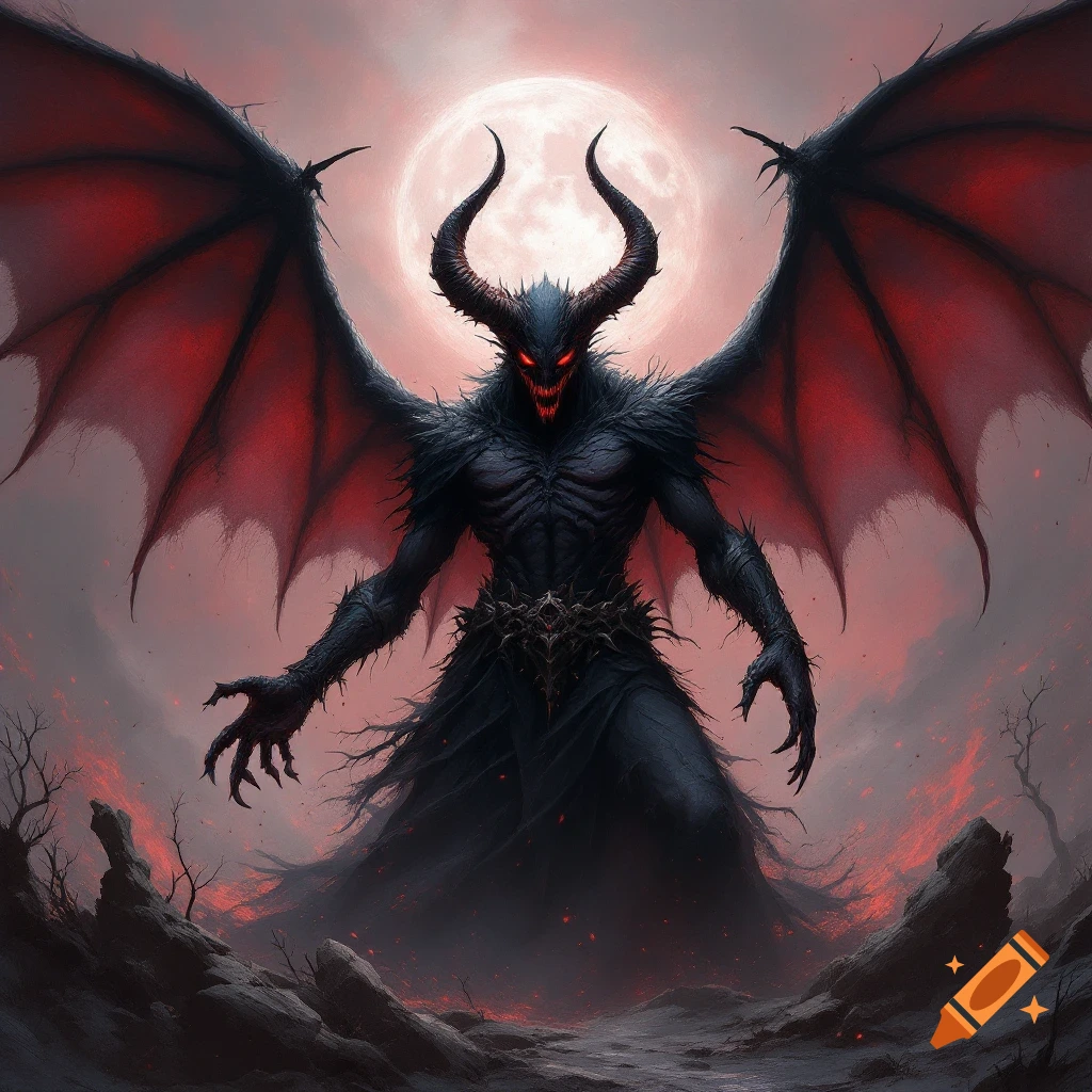 Large dark demonic creature with horns and wings in a desolate, fiery landscape under a full moon.