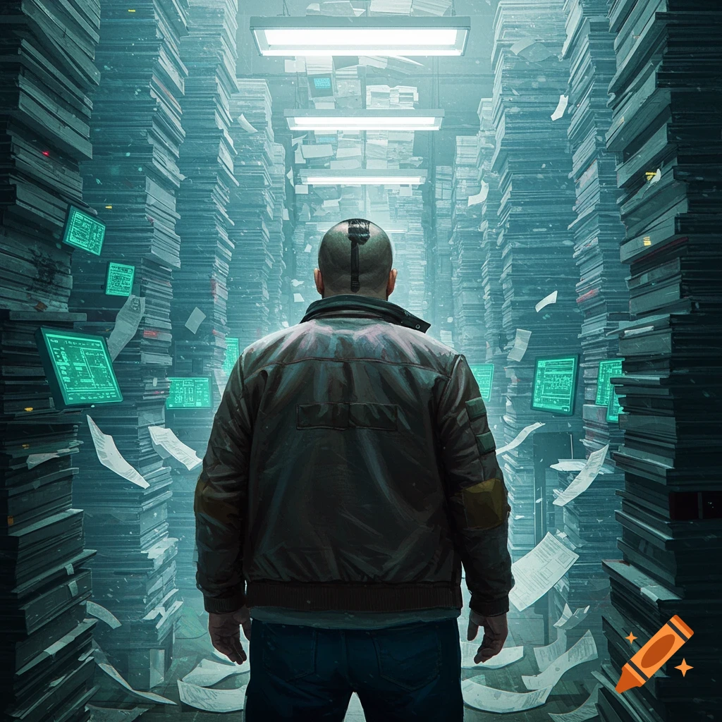 A man stands in a vast archive filled with towering stacks of documents and glowing screens.