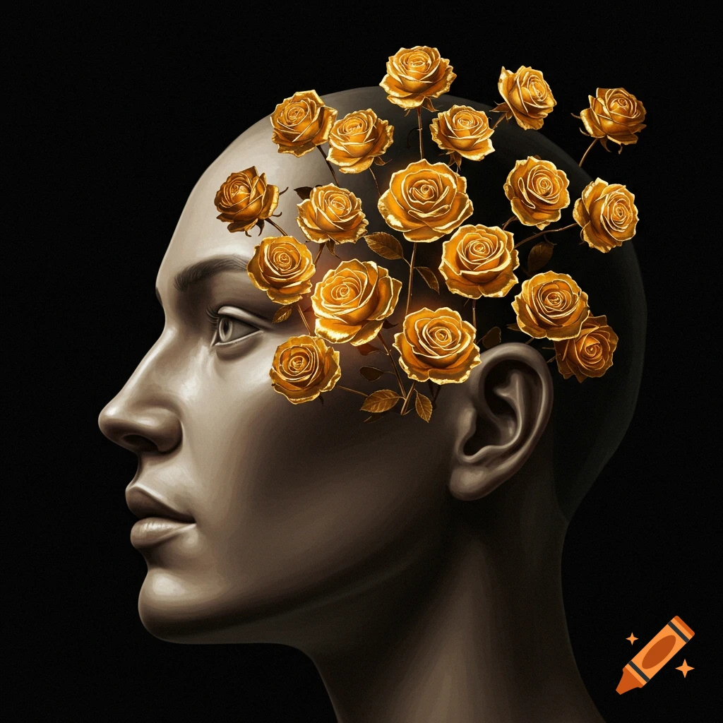 Profile of a face with golden roses emerging from the head.