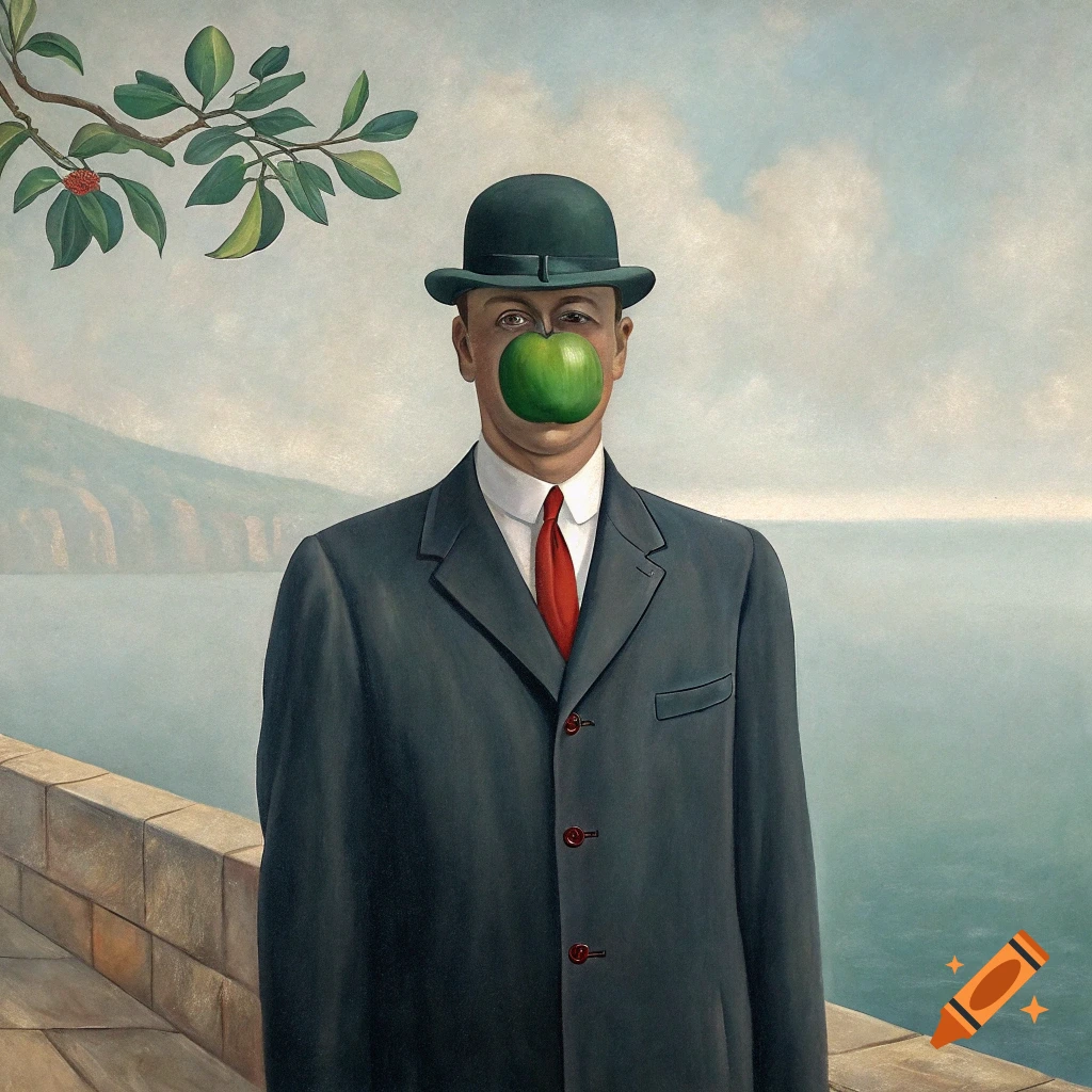 Painting of a man in a suit and bowler hat with a green apple obscuring his face, standing by a wall overlooking the sea.
