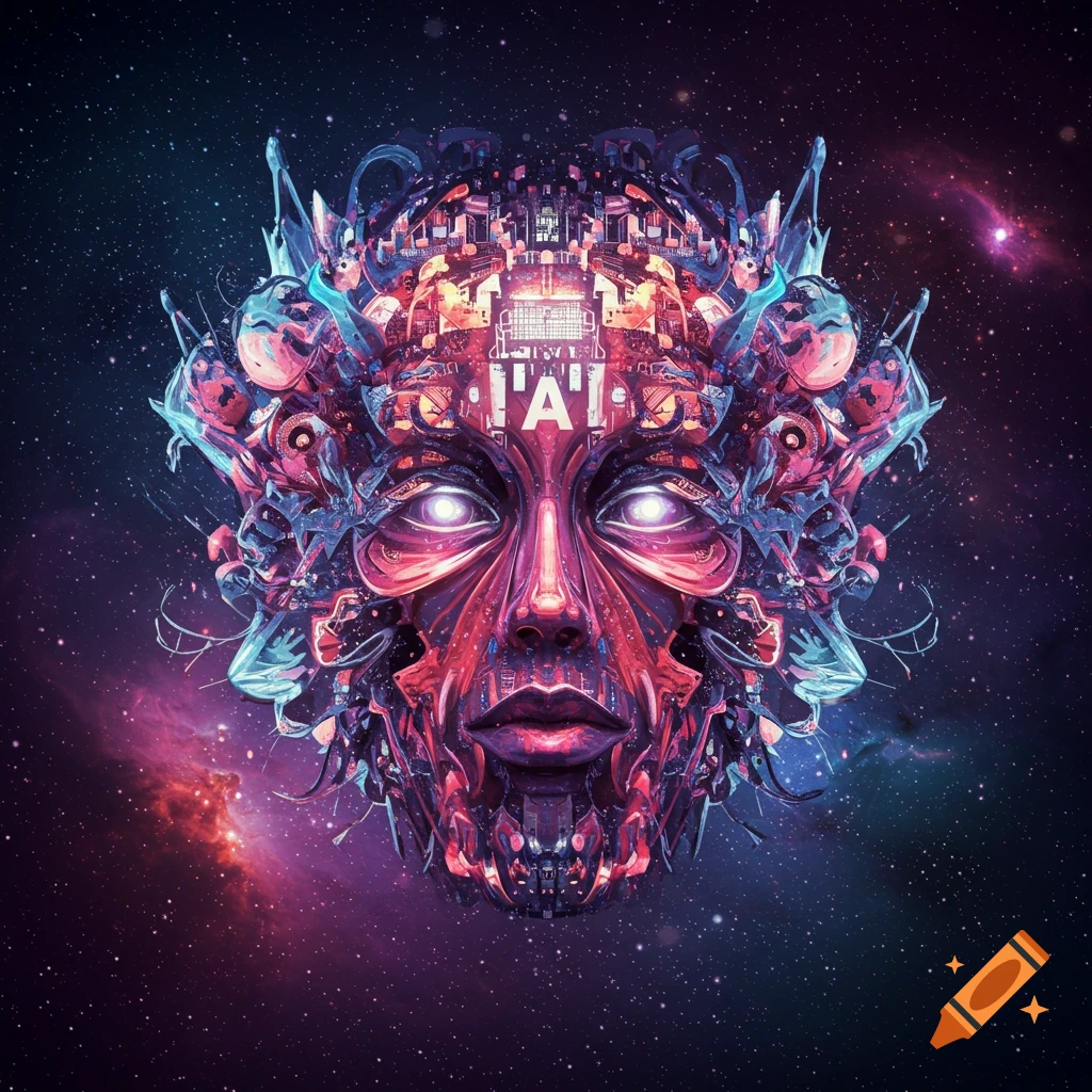 A vibrant, abstract face made of geometric and organic shapes, set against a starry space background.