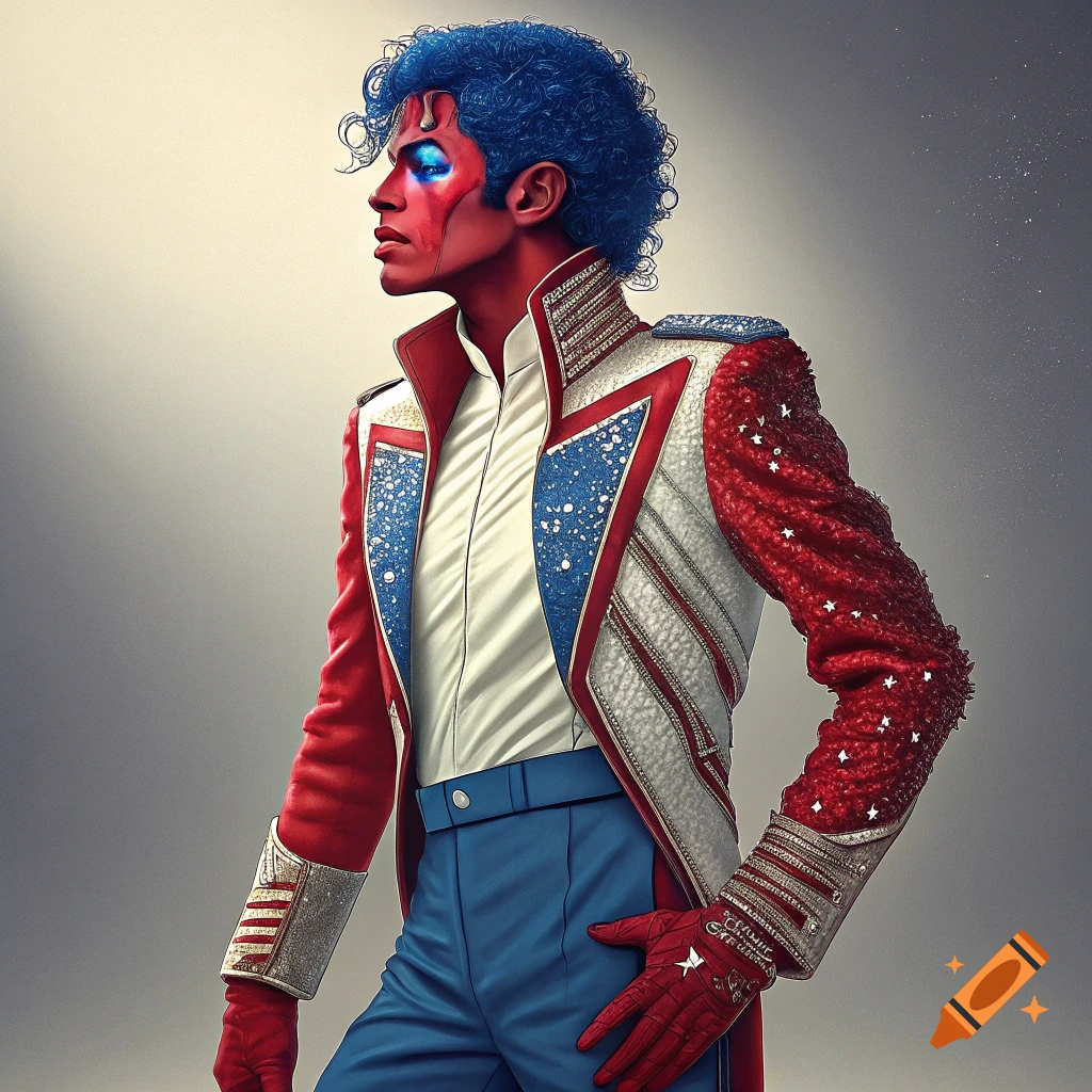 Stylized portrait of a person with red skin and blue curly hair wearing a patriotic-themed jacket and blue pants.